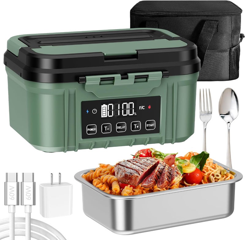 FERVINOW Cordless Electric Lunch Box for Adults – Battery-Powered Heated Lunch Box with 1.2L Stainless Steel Container, Timer Function, and Leak-Proof Food Warmer for Work, Travel & Office(Pine Green) - Image 1